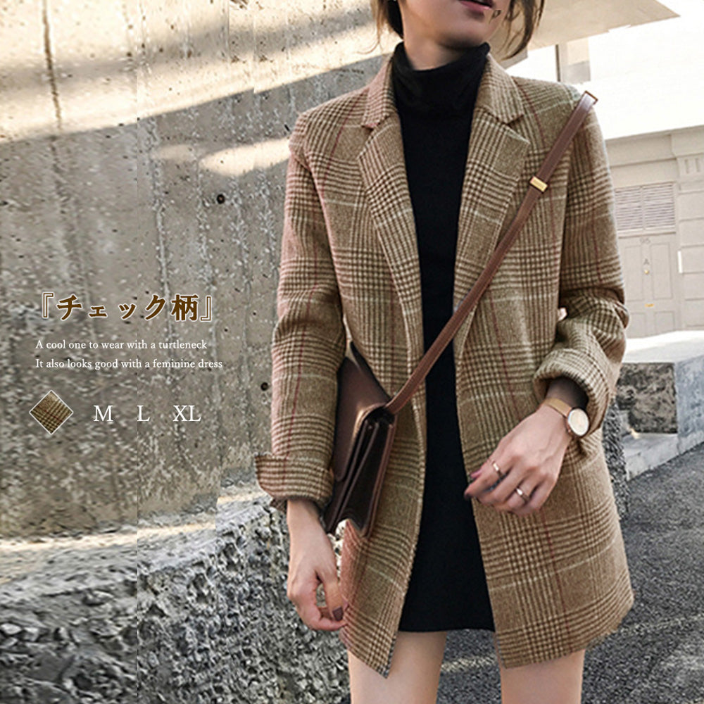 羽織るだけで今っぽい グレンチェックジャケット レディース 韓国風