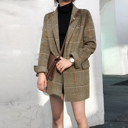 羽織るだけで今っぽい グレンチェックジャケット レディース 韓国風