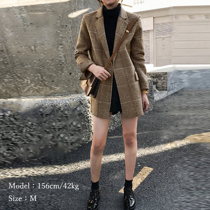 羽織るだけで今っぽい グレンチェックジャケット レディース 韓国風