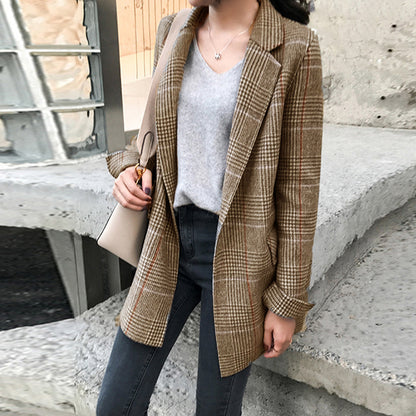 羽織るだけで今っぽい グレンチェックジャケット レディース 韓国風