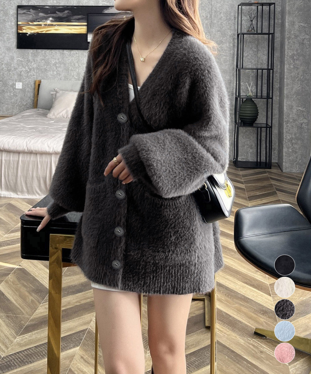 シャギーニットカーディガンVネック秋冬服