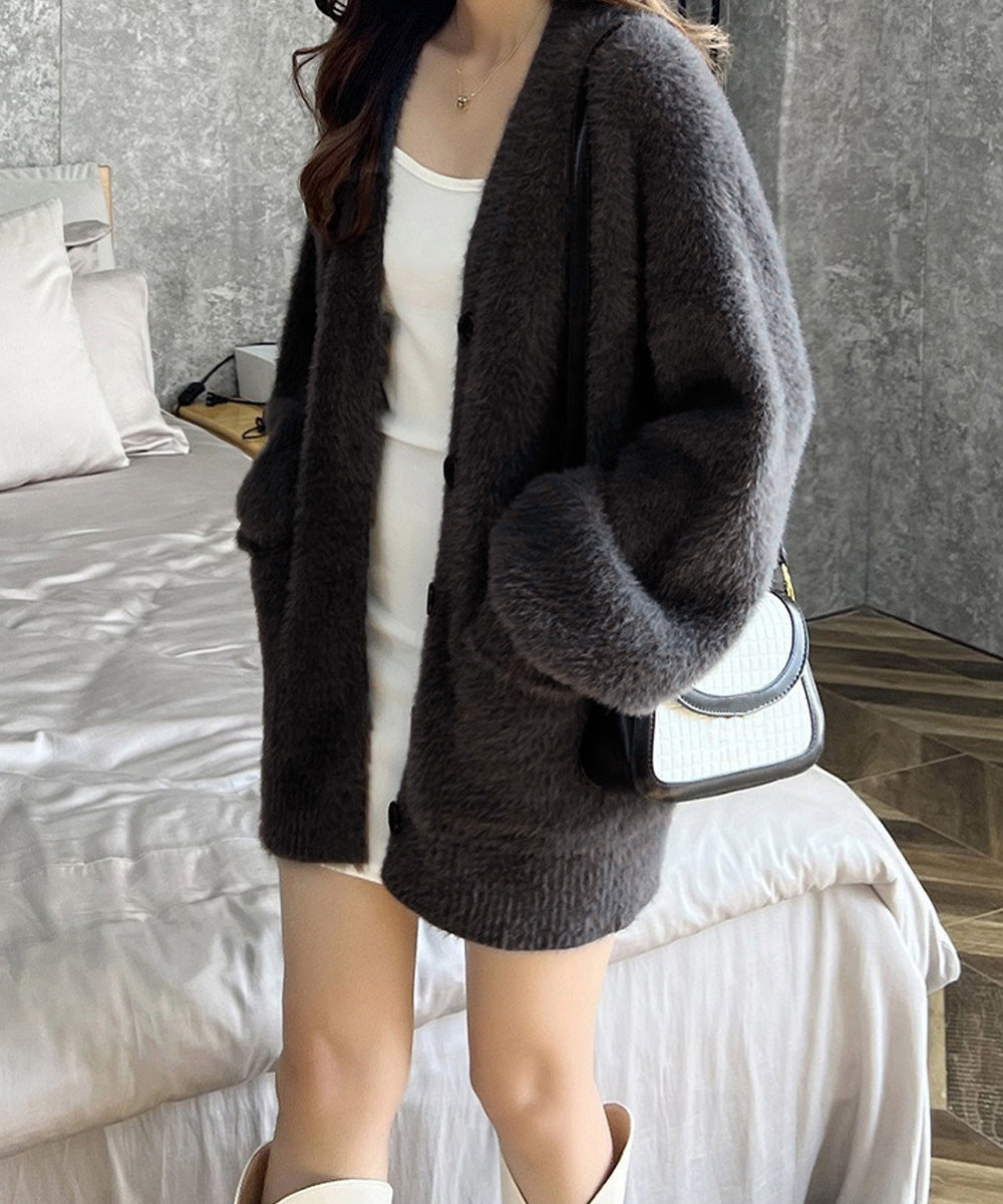 シャギーニットカーディガンVネック秋冬服