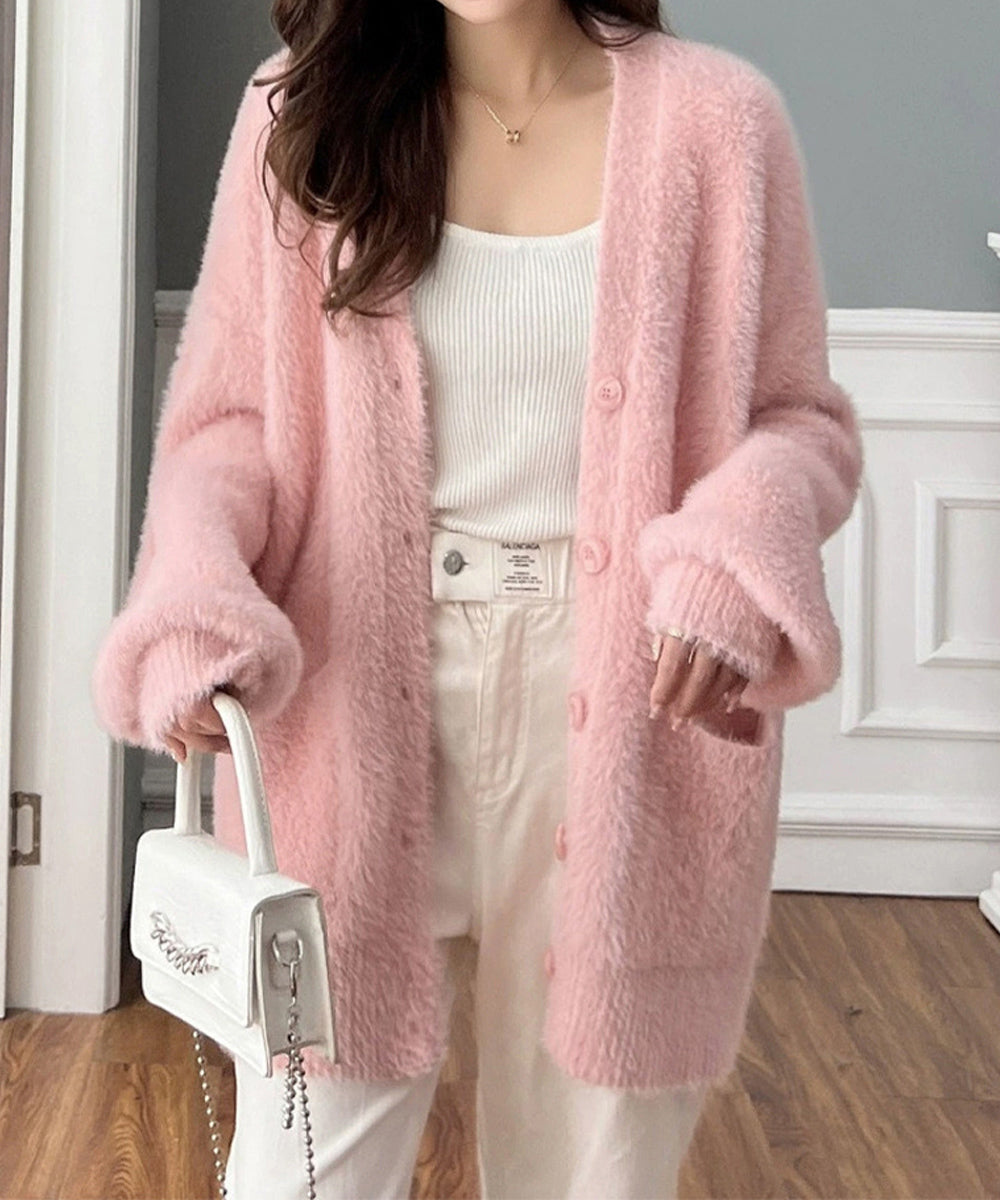 シャギーニットカーディガンVネック秋冬服